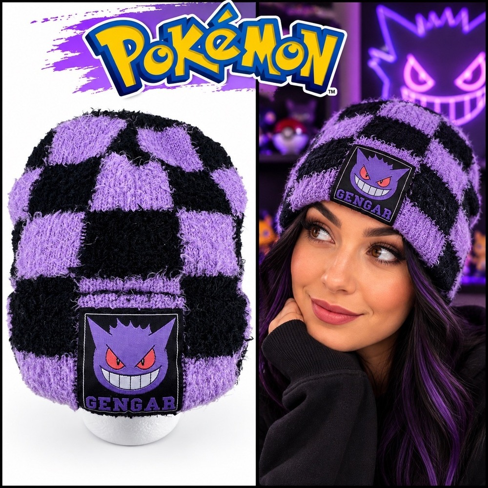 Pokémon Gengar Fuzzy Checkered Beanie Purple Black OSFM Bioworld 2023